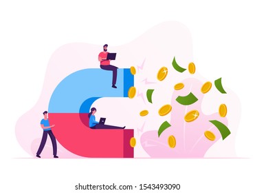 Businesspeople Team Working on Laptops Attract Dollar Coins and Bills with Huge Magnet. Money Attraction, Teamwork Cooperation and Financial Goals Achievement Concept. Cartoon Flat Vector Illustration