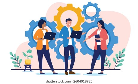 Businesspeople teamwork and collaboration concept - Group of three people with laptop computers working on project together with cogwheels in background. keep the wheels turning concept in flat design