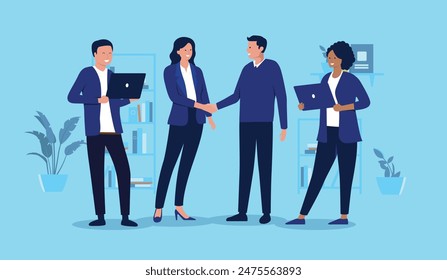 Businesspeople teamwork - Group of four business people with computers shaking hands over deal and agreement in blue office setting. Agreement and collaboration concept in flat design vector graphic