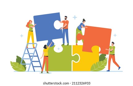 Geschäftsleute Teamwork, Office Employees Group Stand on Ladder Aufbau riesige bunte separate Puzzle-Stücke zusammen. Zusammenarbeit der Menschen, Kollektivarbeit, Partnerschaft. Cartoon-Vektorgrafik