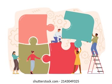 Businesspeople Teamwork, People Group Stand on Ladder Together Set Up Huge Colorful Separated Puzzle Pieces. Office Employees Cooperation, Collective Work, Partnership. Cartoon Vector Illustration