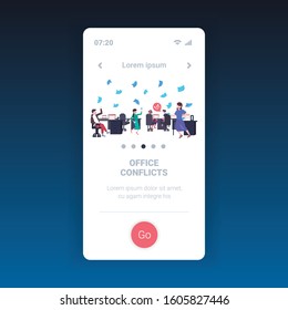 businesspeople throwing papers conflict problem concept businesspeople arguing colleagues disputing having disagreement at work negative emotions smartphone screen mobile app full length vector
