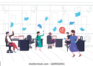 businesspeople throwing papers conflict problem concept businesspeople arguing colleagues disputing having disagreement at work negative emotions office interior horizontal full length vector