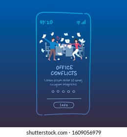 businesspeople throwing papers conflict problem concept business man woman couple arguing colleagues disputing having disagreement at work negative emotions mobile app full length vector illustration