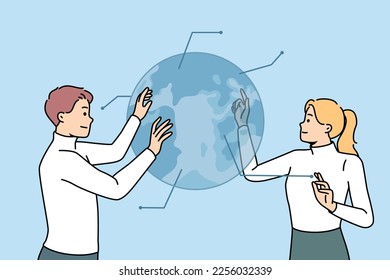 Businesspeople touch planet Earth hologram cooperating in modern office together. Colleagues collaborate with globe digital reconstruction. Technology. Vector illustration. 