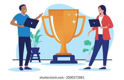 Businesspeople with trophy - Two winner people, man and woman smiling holding computers standing in front of big great business award. Flat design vector illustration with white background