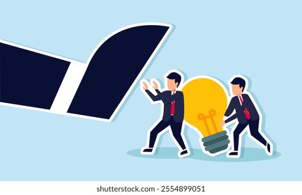 Businesspeople try to save and protect a lamp from a giant footstep, illustration of idealism in safeguarding business ideas and innovations amid big company threats