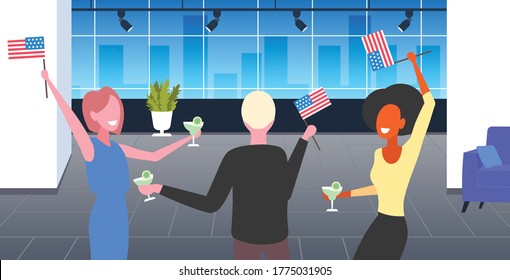 businesspeople with usa flags celebrating 4th of july american independence day celebration concept mix race colleagues having fun in office horizontal portrait vector illustration