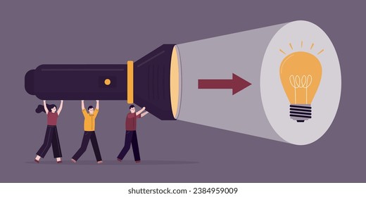 Businesspeople uses giant flashlight illuminating light bulb. Right direction of company development, pitching ideas, brainstorming. team moving along road to new innovation ideas. vector illustration