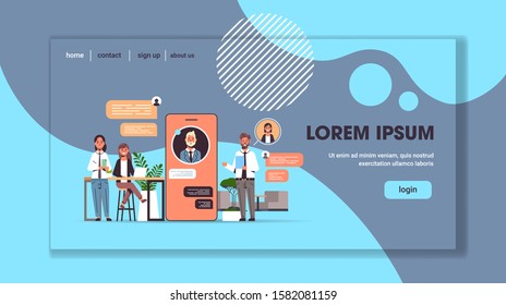 businesspeople using chatting app on digital devices social network chat bubble communication concept smartphone screen online mobile application full length copy space horizontal vector illustration