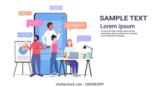 businesspeople using chatting apps on digital devices social network chat bubble communication concept smartphone screen online mobile application full length horizontal copy space vector illustration