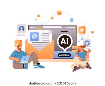 businesspeople using computer app with email assistant ai helper bot internet chatting feedback online form talk to customers
