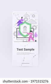 businesspeople using computer app protection shield with padlock data security concept vertical