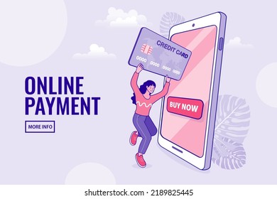 Businesspeople using credit card payment money transaction. People use online shopping services. Smartphone marketing and e-commerce. delivery service concept. Vector illustration.