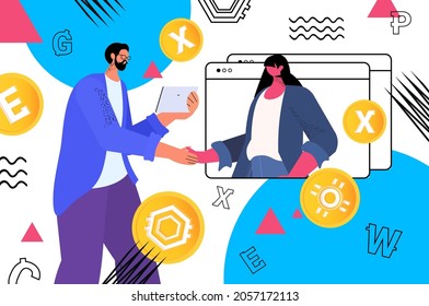 businesspeople using cryptocurrency mining application on tablet pc virtual money transfer app banking transaction digital currency