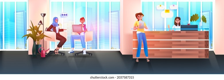 businesspeople using digital gadgets and discussing during meeting business people working in modern office teamwork concept horizontal full length vector illustration