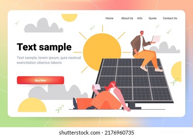businesspeople using digital gadgets near solar panels alternative renewable green energy saving ecology concept