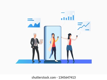 Businesspeople using electronic technology and graphs vector illustration. Wireless technology, connection, networking. Technology concept. Creative design for presentation, web pages, banners