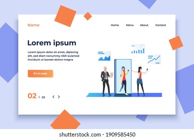 Geschäftsleute, die elektronische Technologien verwenden, und Graphen, Vektorgrafik. Drahtlose Technologie, Verbindung, Vernetzung. Technologiekonzept. Kreatives Design für Präsentationen, Webseiten, Banner