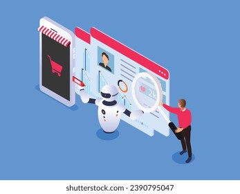 businesspeople using finance assistant computer app with ai helper bot isometric 3d vector illustration concept