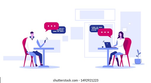 businesspeople using gadgets online application social network chatting communication concept man woman couple with chat bubble speech wireless connection sketch horizontal full length