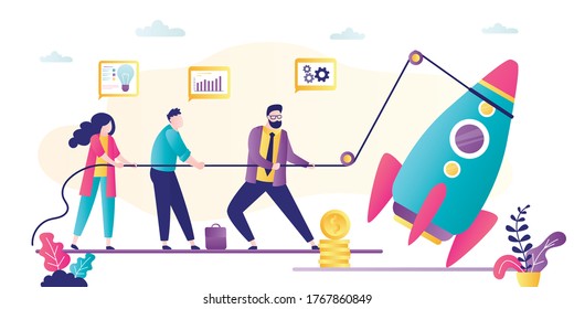 Geschäftsleute, die Seil zum Raketenstart verwenden. Geschäftsteam erstellt neues Projekt. Teamwork, neue Startentwicklung. Büroangestellte arbeiten zusammen. Trendflache Vektorgrafik