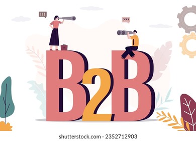 Businesspeople using spyglasses and search new partners, successful negotiations and agreement. b2b, business to business, concept. Cooperation for profitable business. flat vector illustration