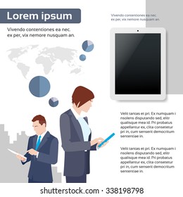 Businesspeople Using Tablet Computer Internet Communication Infographics Web Page Layout Template Flat Vector Illustration