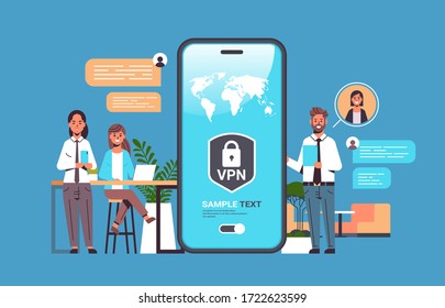 businesspeople using virtual private network for communication cyber security and privacy concept personal data protection vpn shield on smartphone screen horizontal full length vector illustration