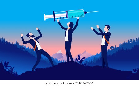 Businesspeople And Vaccine - Office People Celebrating Being Vaccinated, And The Return To Normal Life. Vaccination Positive Concept.