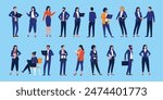 Businesspeople vector collection - Set of business and finance white collar characters standing, using computers, talking and working in flat design illustration with blue background