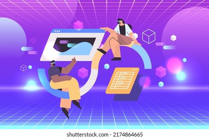 businesspeople in virtual reality glasses on graph financial statistics data analyzing vr vision headset innovation metaverse