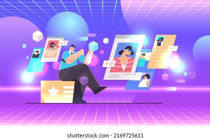 businesspeople in vr glasses discussing during video call virtual reality vision headset innovation metaverse concept