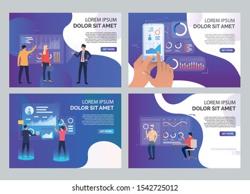 Businesspeople in VR glasses set. People watching virtual presentation, using smart phone. Flat vector illustrations. Virtual reality concept for banner, website design or landing web page