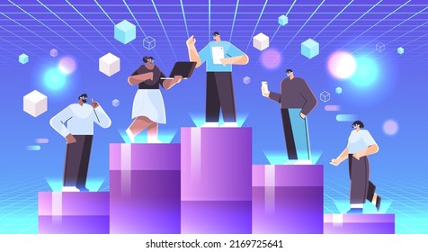businesspeople in vr glasses standing on graph columns virtual reality vision headset innovation metaverse teamwork leadership
