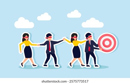 Businesspeople walk hand in hand with blindfolds, the leader carrying a target board, illustration of unstructured business vision leading to random goal achievement