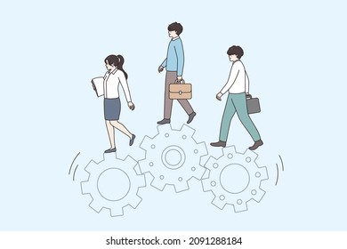 Businesspeople walk on gear wheels or cog work together cooperate for shared business goal or success. Diverse employees involved in teambuilding. Teamwork, company unity. Flat vector illustration. 