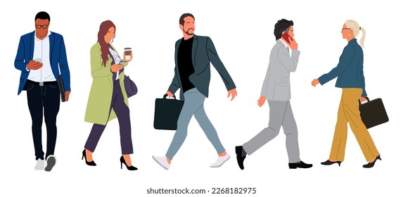 Businesspeople walking. Different men, women in smart casual, formal office outfit with phone, briefcase, coffee. Set of Cartoon business characters vector illustrations isolated on white background.