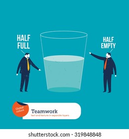 Businesspeople watching a half empty full glass.
Vector illustration Eps10 file. Global colors. Text and Texture in separate layers.