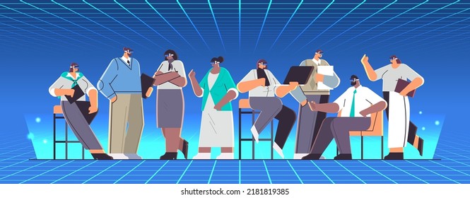 businesspeople wear digital glasses business people discussing during vr meeting vision headset innovation