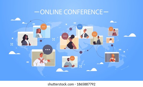 businesspeople in web browser windows discussing during corporate online international conference mix race working by group video call world map background horizontal portrait vector illustration