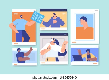 businesspeople in web browser windows discussing during video call business people team using virtual conference