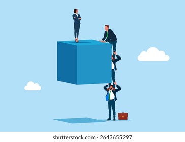 Empresários e mulheres no topo de um cubo suspenso observando o futuro. Corporação de sucesso. Ilustração de vetor plano