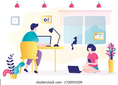 Businesspeople work from home. Male and female freelancers use laptops for job. Love couple doing distance working. Room interior. Characters in trendy style. Flat Vector illustration