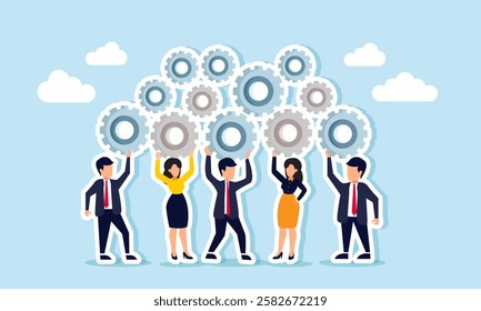 Businesspeople work together to arrange interconnected gears, illustration of teamwork or business collaboration in creating a new project or system together