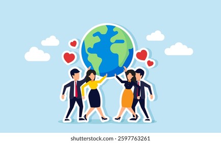 Businesspeople work together to lift the globe surrounded by love symbols, illustration of care in preserving and protecting the Earth