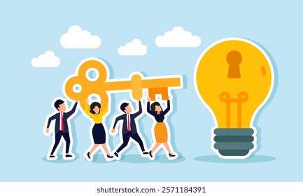 Businesspeople work together to lift a key and aim it at a keyhole on a lamp, illustration of teamwork in finding solutions to generate business ideas and innovations
