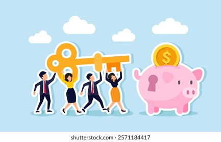 Businesspeople work together to lift a key and aim it at a keyhole on a piggy bank, illustration of teamwork in finding solutions to increase investment assets