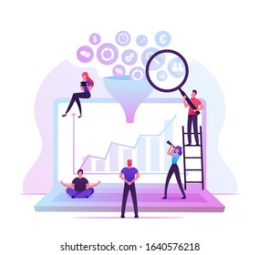 Businesspeople Working Around Of Huge Laptop With Different Business Icons Falling Down Through Funnel. Creative Process, Big Data Filter, Analysis Tunnel Concept. Cartoon Flat Vector Illustration