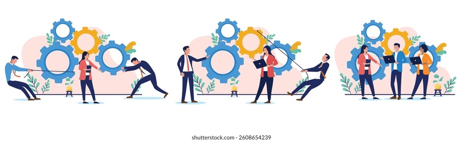 Businesspeople working with cogwheels machinery illustrations - Set of vector graphics with people doing teamwork and keeping the business wheels turning. Productivity and efficiency concept